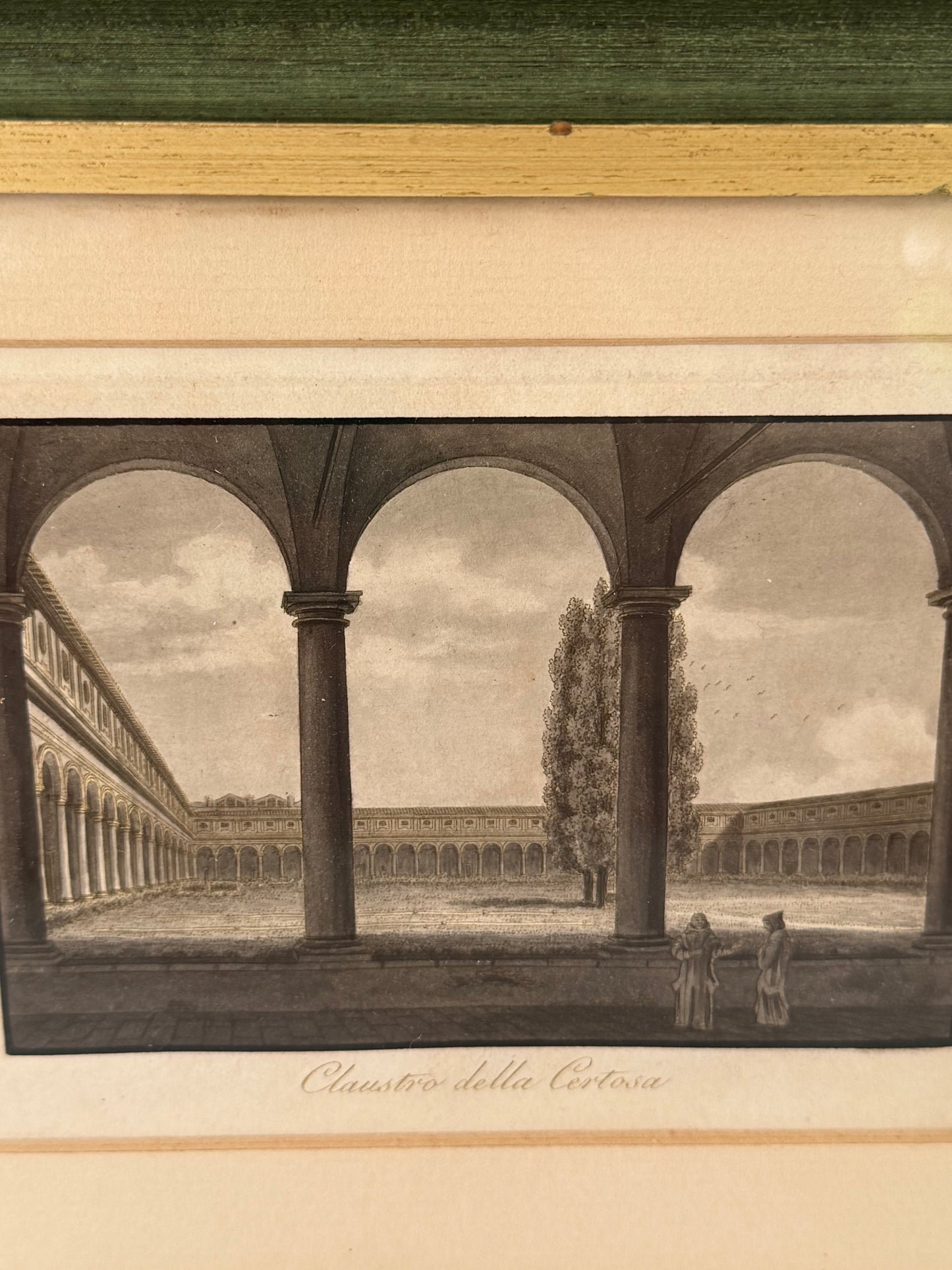 Antique Italian Cloister Print in Green and Gold Frame