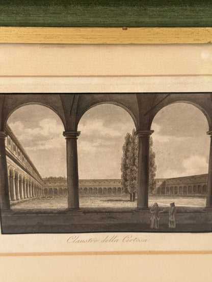 Antique Italian Cloister Print in Green and Gold Frame