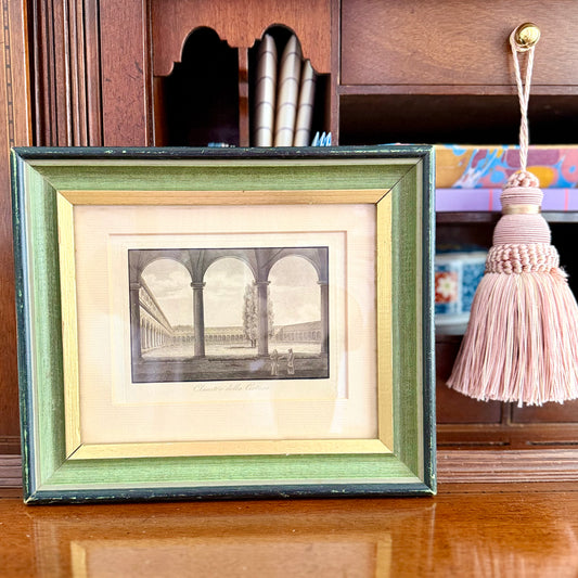Antique Italian Cloister Print in Green and Gold Frame