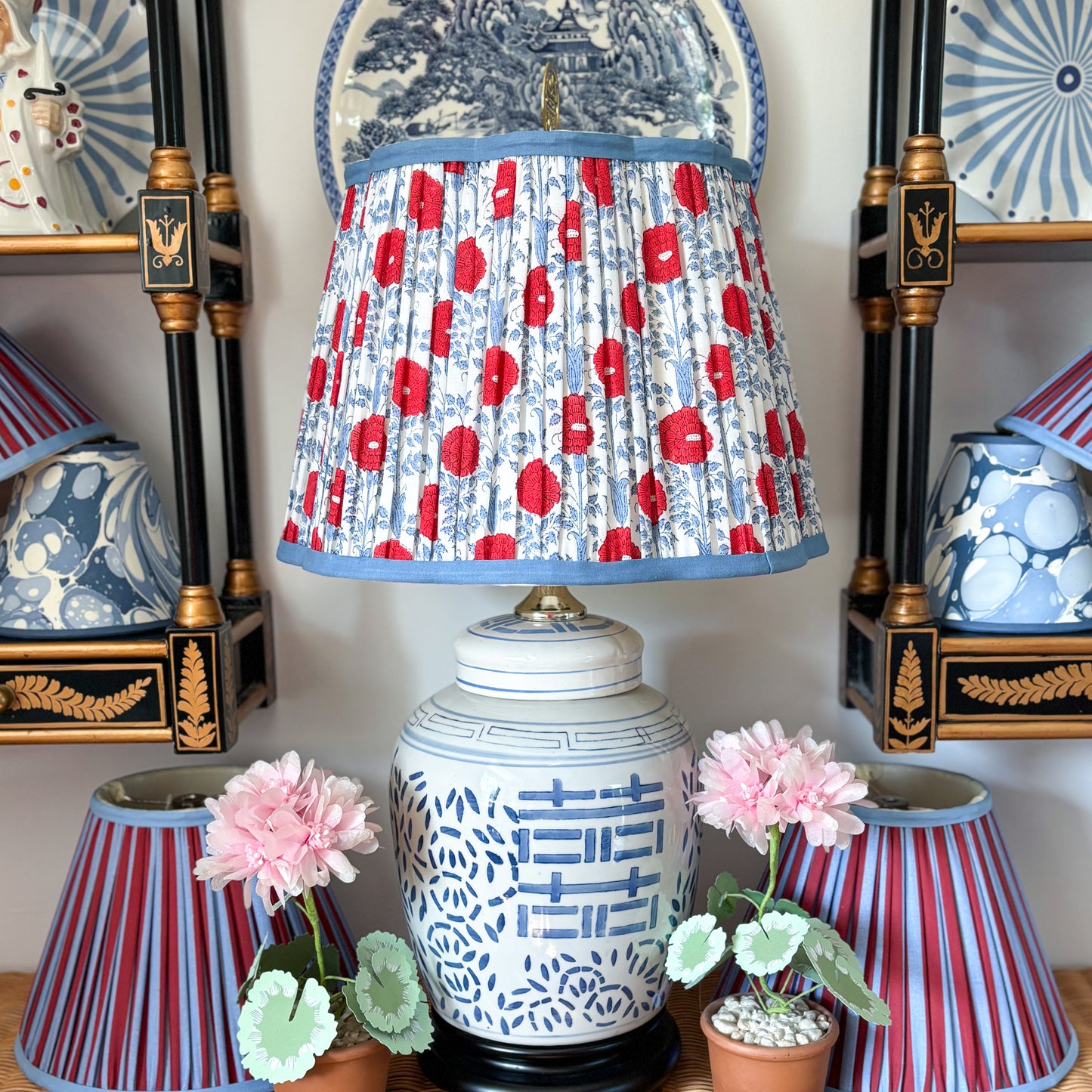 Pleated Floral Scalloped Lampshade in Red, Blue & Ivory