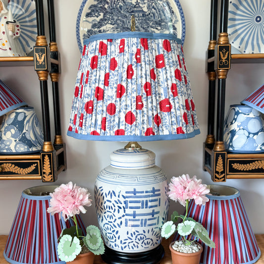 Pleated Floral Scalloped Lampshade in Red, Blue & Ivory