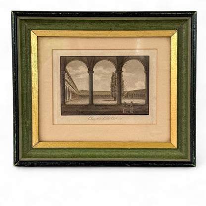 Antique Italian Cloister Print in Green and Gold Frame
