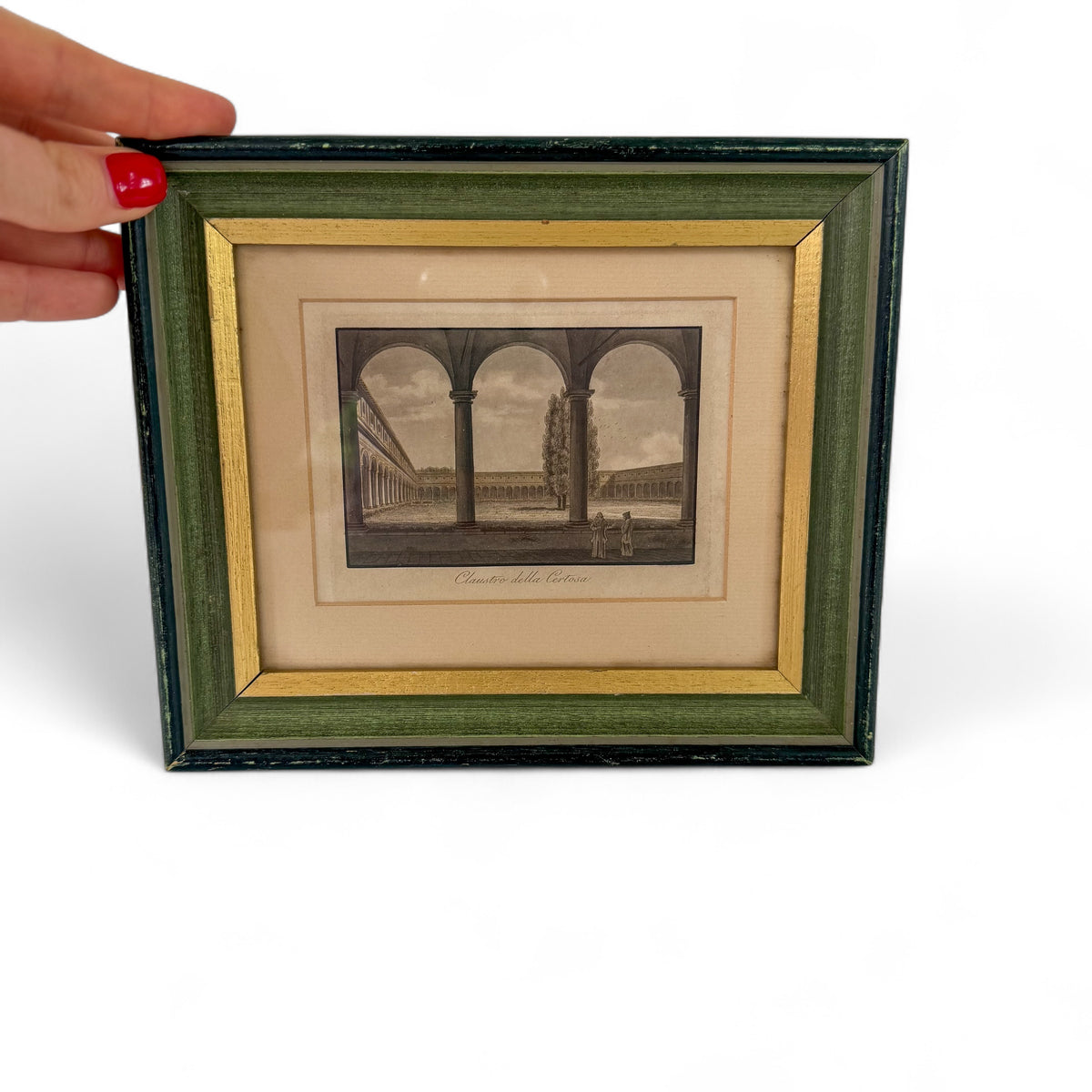 Antique Italian Cloister Print in Green and Gold Frame