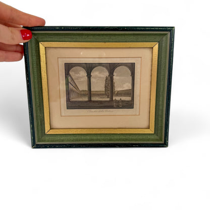 Antique Italian Cloister Print in Green and Gold Frame
