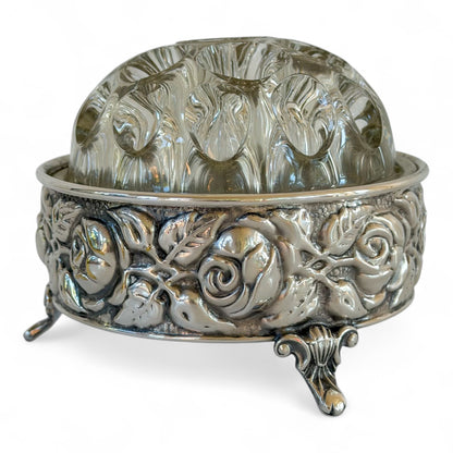 Vintage Bellini Italian Silverplate Rose Bowl with Glass Flower Frog