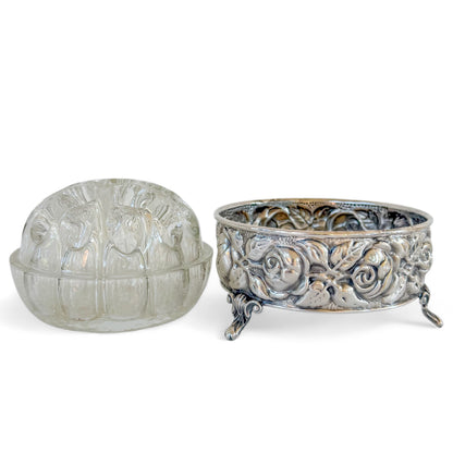 Vintage Bellini Italian Silverplate Rose Bowl with Glass Flower Frog