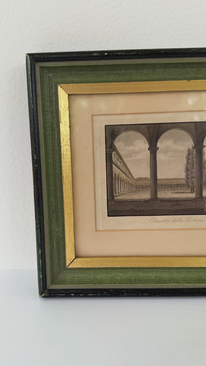 Antique Italian Cloister Print in Green and Gold Frame